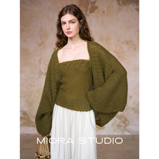 绿色气质温柔马海毛开衫 Miorastudio法式 复古立体花朵针织抹胸