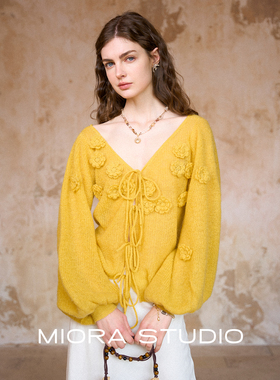 miorastudio法式复古柠黄色V领手工钩花针织开衫慵懒气质羊毛上衣