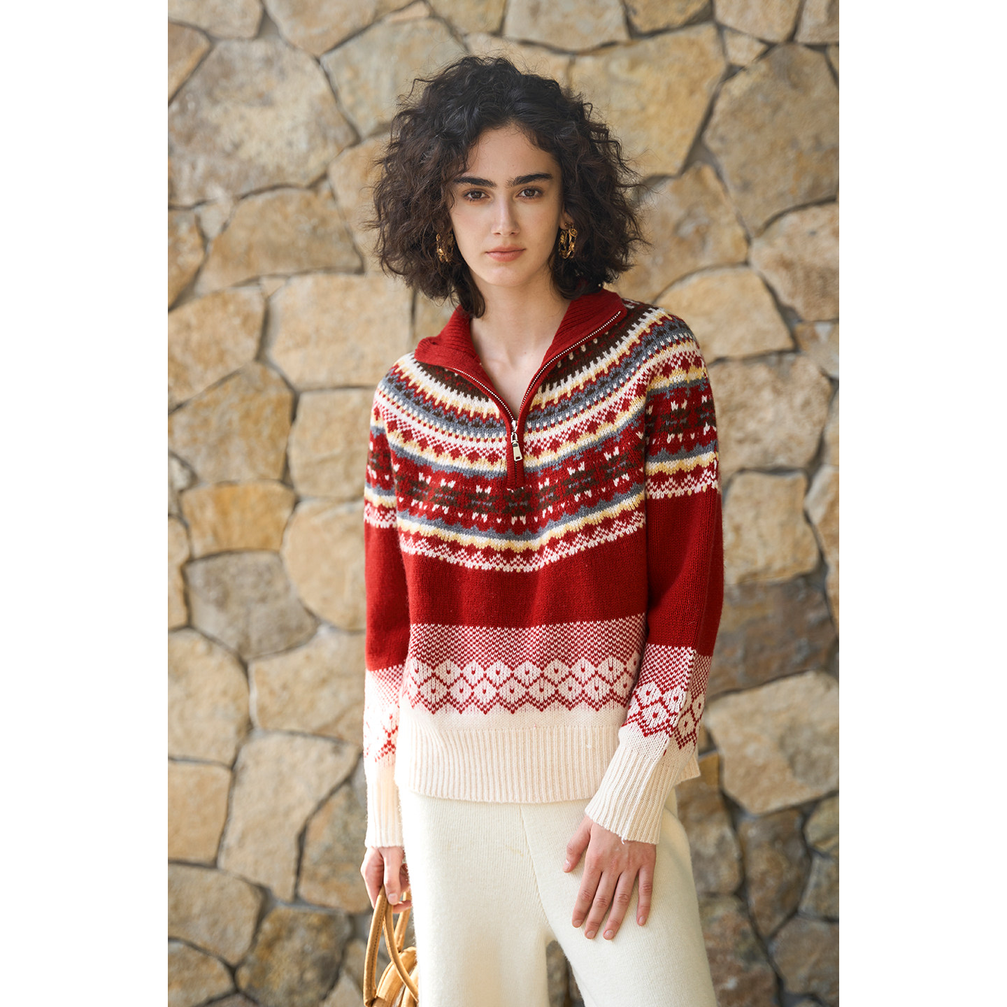 Miorastudio法式复古红色费尔岛毛衣宽松显瘦提花半开拉链针织衫