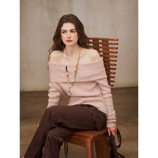 温柔毛衣 一字肩翻领长袖 Miorastudio法式 复古气质柔雾粉针织上衣