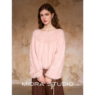 羊驼毛混纺宽松拉毛针织衫 miorastudio法式 雪粉色镂空圆领毛衣