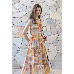 Miorastudio法式复古度假橘黄色印花连衣裙 优雅气质宽松吊带裙