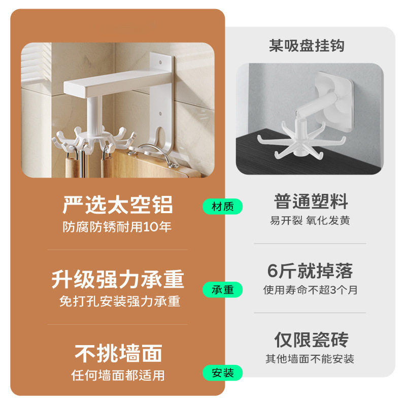 厨房挂钩壁挂式立体八爪收纳家用可旋转移动多功能免打孔厨具挂钩