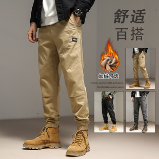 加绒春秋季新款水洗美式复古弹力工装裤男潮牌束脚宽松休闲长裤子