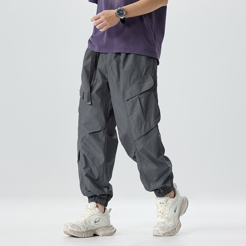 夏季新款水洗美式重磅复古日系弹力工装男潮牌束脚宽松休闲裤子