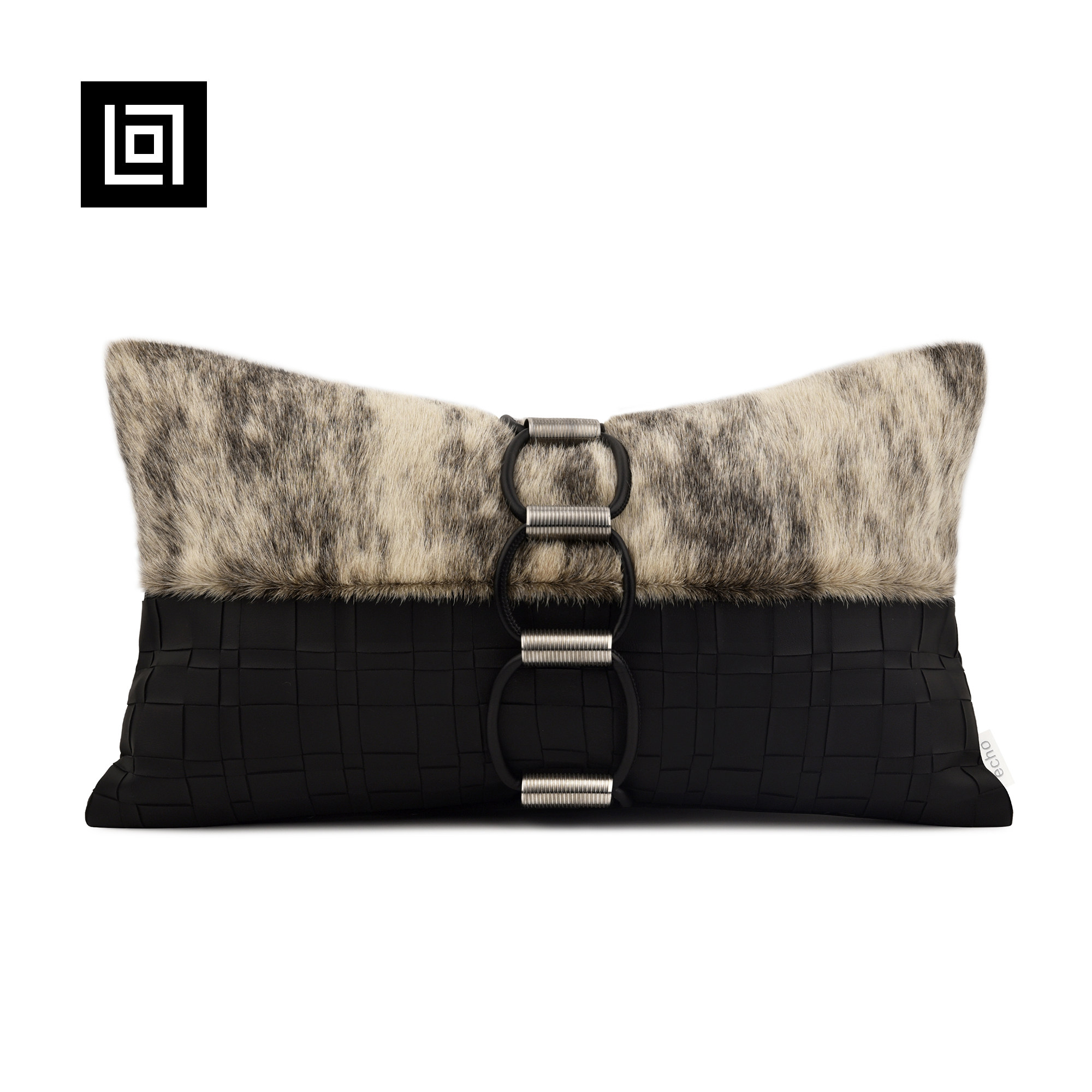 echo轻奢米灰马毛拼接黑色编织皮革抱枕样板间装饰沙发腰枕靠垫套