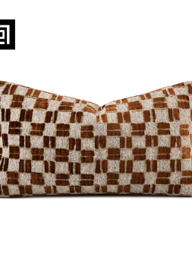 echo轻奢中古风进口割绒橘橙色几何格子样板间进口腰枕靠垫抱枕