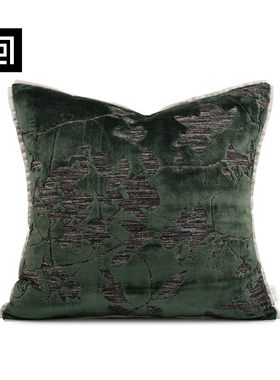 echo新中式墨绿深绿色抽象叶子进口割绒方枕样板间抱枕沙发靠垫套