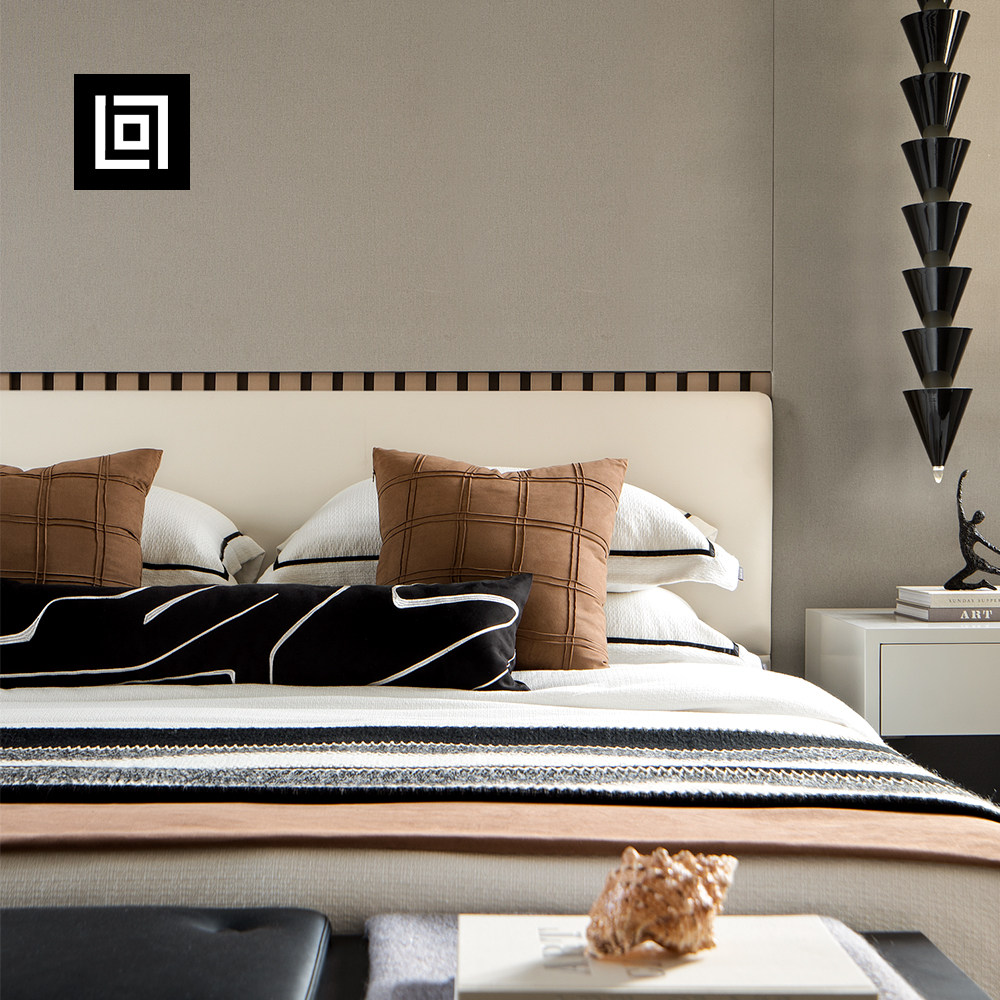 回声布艺现代轻奢高级感橙咖色格子四件套床笠酒店样板间床上用品