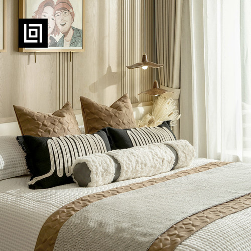 回声布艺轻奢橙咖中式酒店样板间侘寂民宿床上用品圆柱枕十一件套