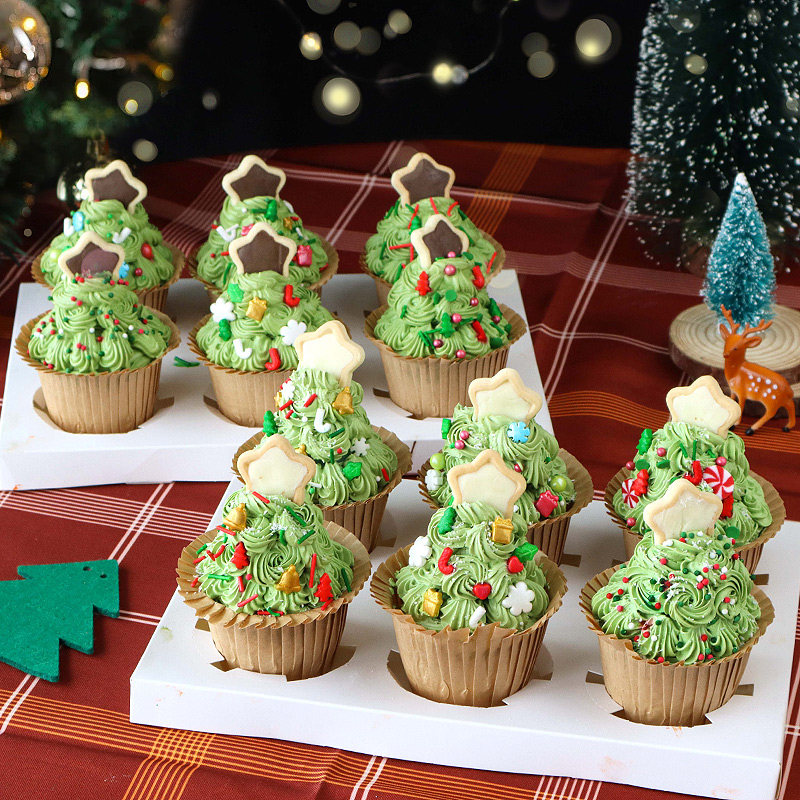 圣诞节蛋糕装饰摆件圣诞树纸杯甜品可食用彩色糖珠烘焙点缀插件