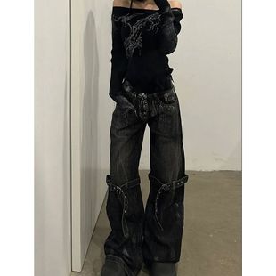 高腰绑带设计工装牛仔裤 High waisted strap design denim jeans