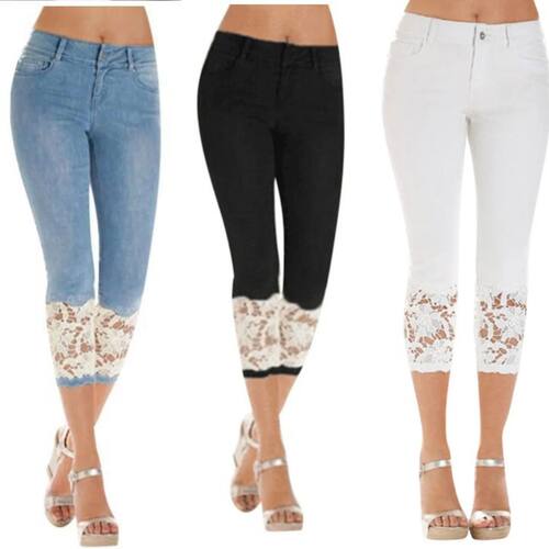 蕾丝脚边七分裤纯色裤