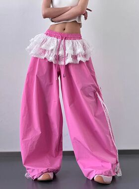 高腰拼接蕾丝裙摆阔腿裤女 Loose patchwork lace wide leg pants