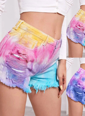 Tie-dye ripped loose women's denim shorts扎染宽松牛仔短裤