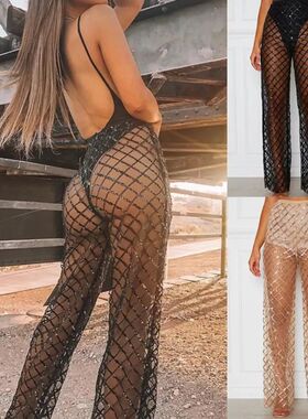 High waisted transparent mesh pants 高腰透视网纱镂空金丝长裤