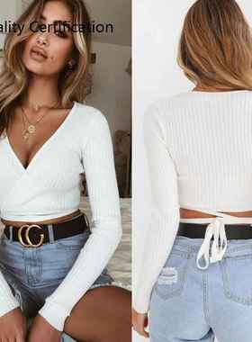 White Khaki Long Sleeve T shirt V-neck Sexy Top