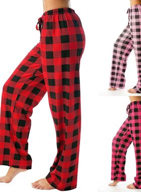 Drawstring plaid printed casual pants 束绳格子印花休闲长裤女
