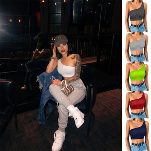 短款 纯色修身 露脐coat 新款 欧美性感单肩吊带背心女2021夏季