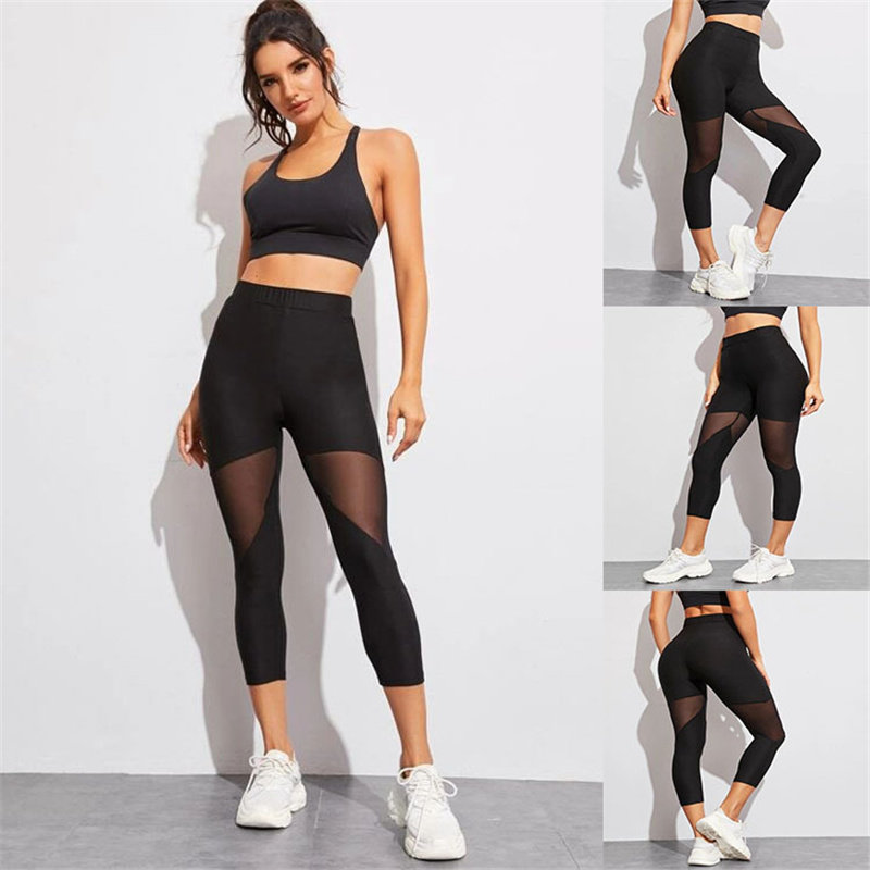 网纱瑜伽裤女七八分运动紧身裤健身裤女高腰提臀Fitness pants