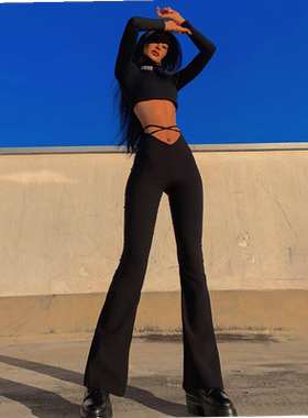 Women's V-shaped waist umbilical cross strap flared casual p