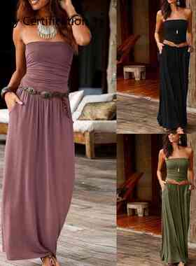 Ladies sexy wrapped chest long dress