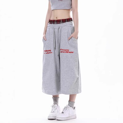 格子拼接宽松七分卫裤女不易变形