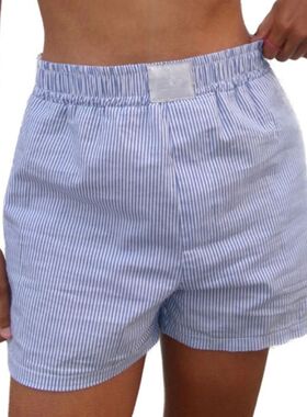 Elastic waist loose striped shorts women女松紧腰宽松条纹短裤