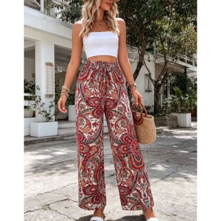 印花松紧腰阔腿裤Printed elastic waisted casual wide leg pant