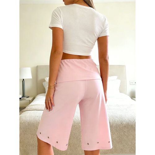 Summer Women Capris Elastic Fold Waist Straight Eyelets Mid