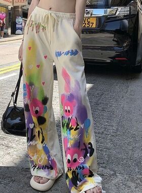 High waisted drawstring wide leg pants高腰休闲涂鸦抽绳阔腿裤