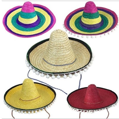 夏威夷墨西哥风情绒球草帽儿童成人mexican straw sombrero hat