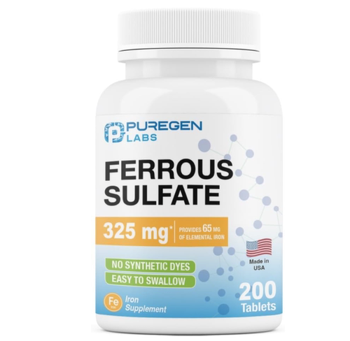 美国Puregen Labs硫酸亚铁325毫克(65毫克元素铁)铁补充剂200片