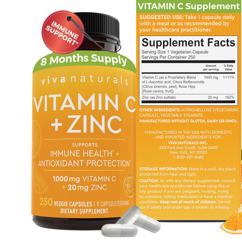 美国Viva Naturals 维生 C 和锌补充剂1000毫克维生素C锌250粒