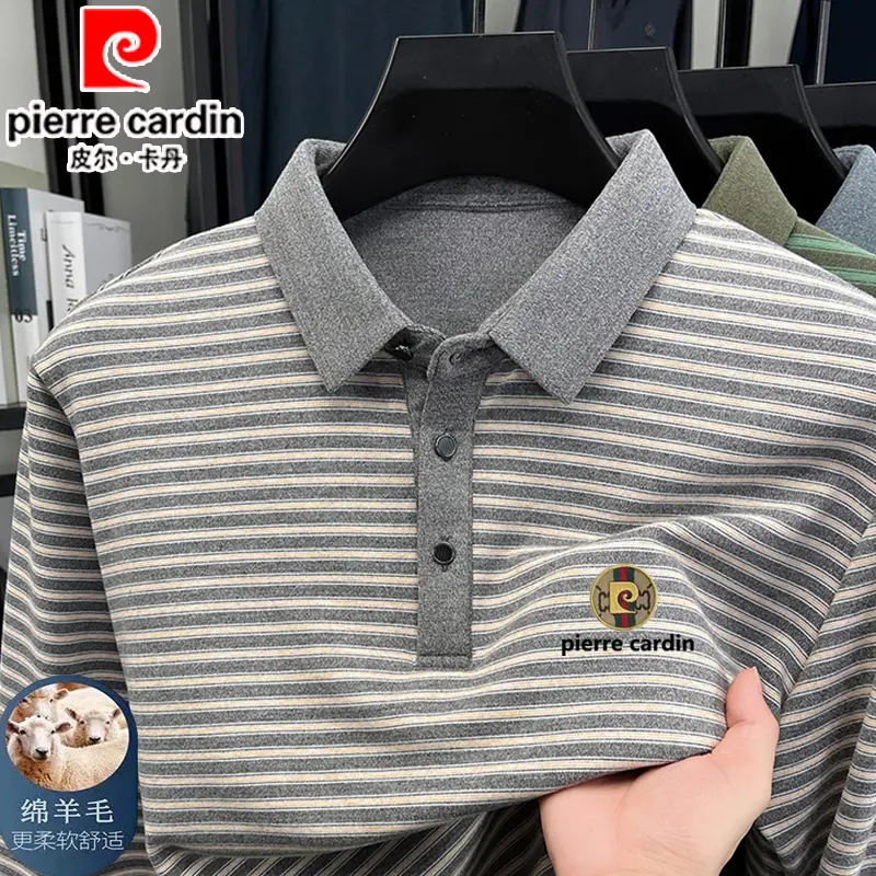 皮尔卡丹男士长袖polo衫2025新款春秋季高档桑蚕丝羊毛打底T恤衫