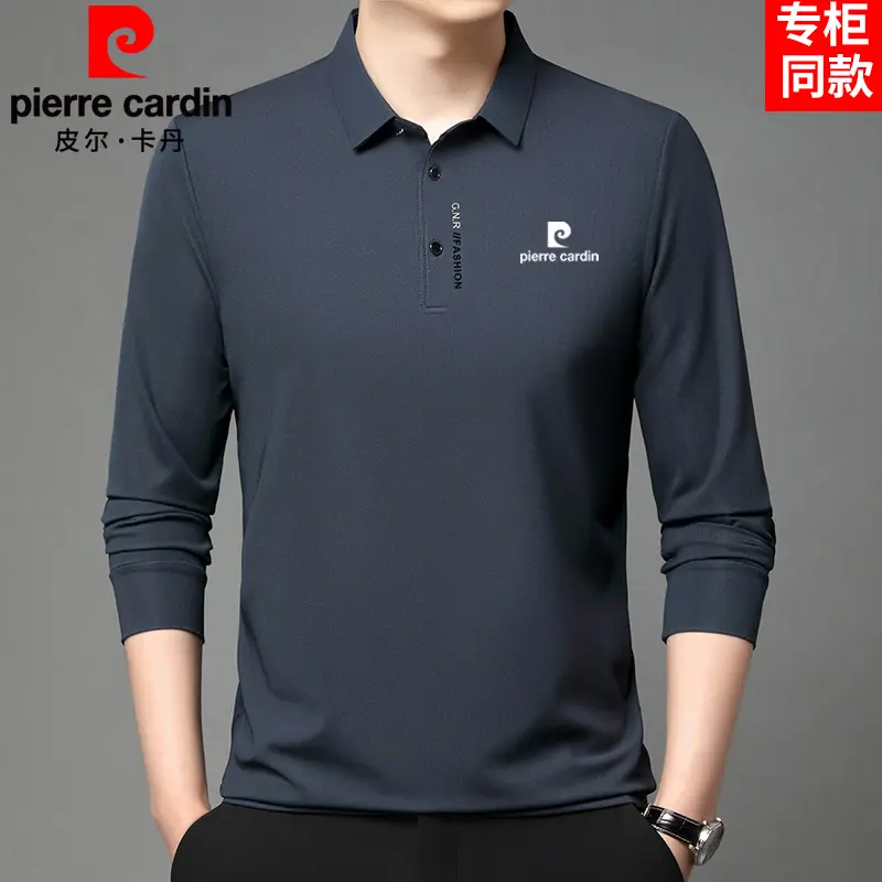 皮尔卡丹桑蚕丝长袖T恤男士春秋新款翻领polo衫中年纯色薄款上衣