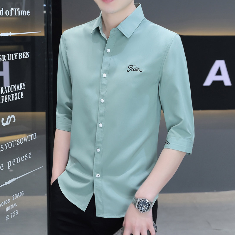 冰丝衬衫夏季男士中袖薄款凉感衬衣简约休闲商务青年男装帅气衬衣