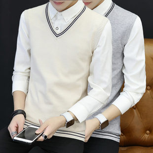 保暖马甲男秋冬加绒加厚V领针织羊毛衫 背心青少年学生帅气毛线衫