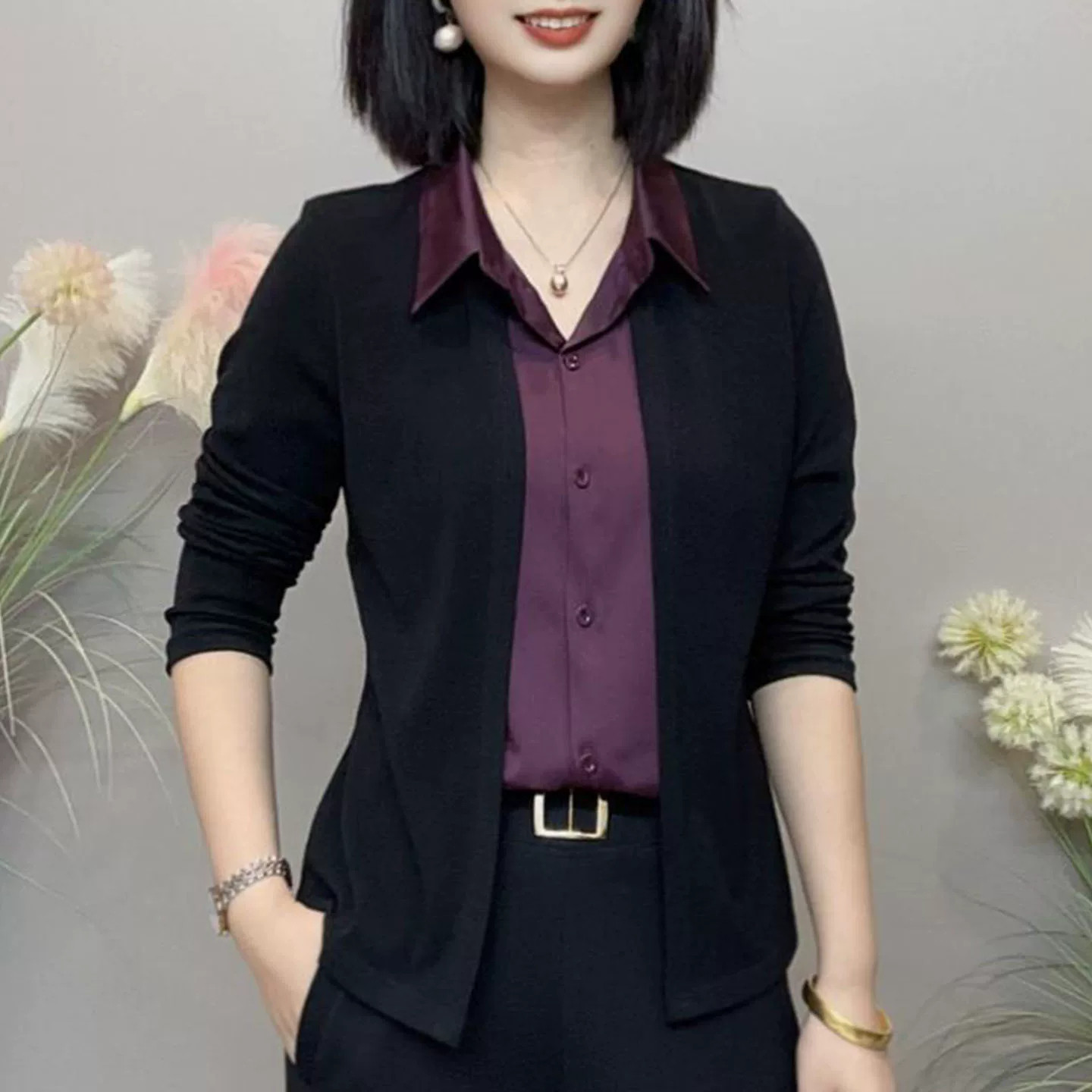 秋季新款女士气质翻领假两件衬衫长袖显瘦百搭妈妈装上衣洋气小衫
