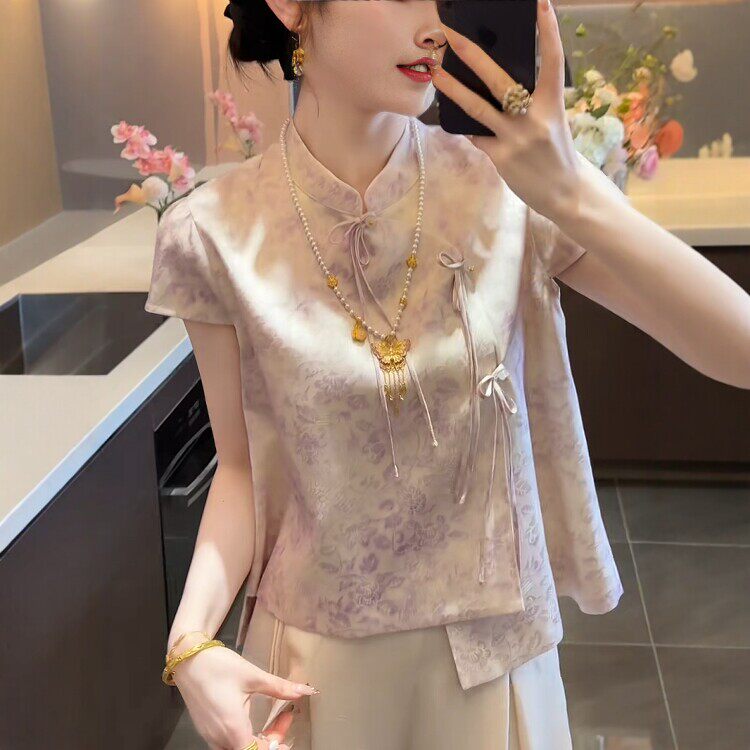 夏薄款新中式宽松短袖女衬衫