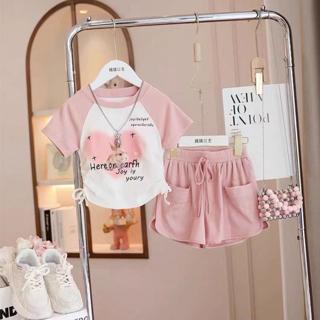 여자 유행 멋진 정장 여름 어린이 작업복 2024 새로운 반팔 스포츠 여자 유행 중형 및 대형 아동복