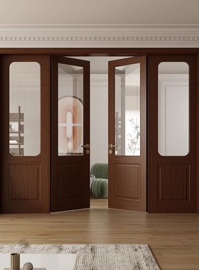 新中式双开门实木门推拉门定制复古厨房门书房对开门玻璃门卧室门