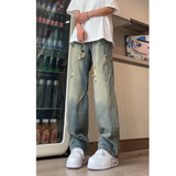 美式蓝色破洞牛仔裤cleanfit直筒裤潮牌痞帅修身微喇裤DY267-P65，男装牛仔裤，星座212-2(原313A-1)
