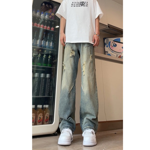 美式蓝色破洞牛仔裤cleanfit直筒裤潮牌痞帅修身微喇裤DY267-P65图片