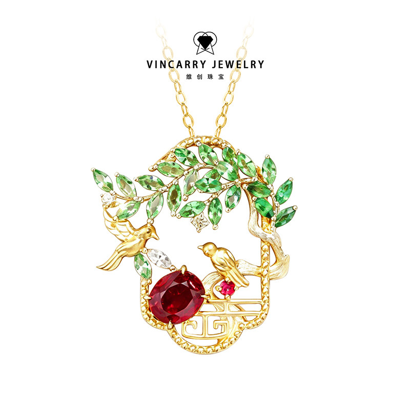 VinCarry维创珠宝K金轻奢中国风喜上眉梢彩宝吊坠项链自然风定制
