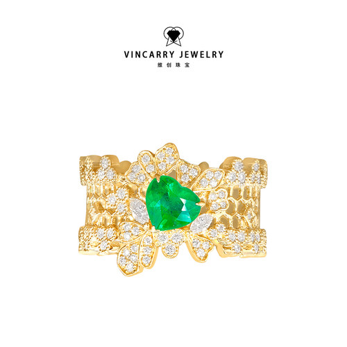 VINCARRY轻奢18K金祖母绿镶钻戒指设计师款复古时尚人造彩宝人工