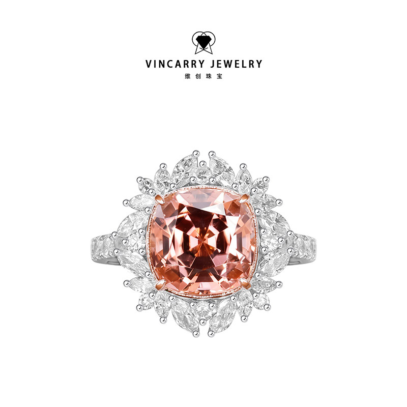 VINCARRY轻奢K金彩宝镶钻戒指女士太阳花围镶人造彩宝培育彩宝