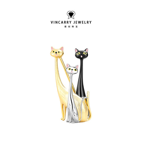 VinCarry维创珠宝卡通可爱猫咪胸针三色套装K金别针设计师款定制