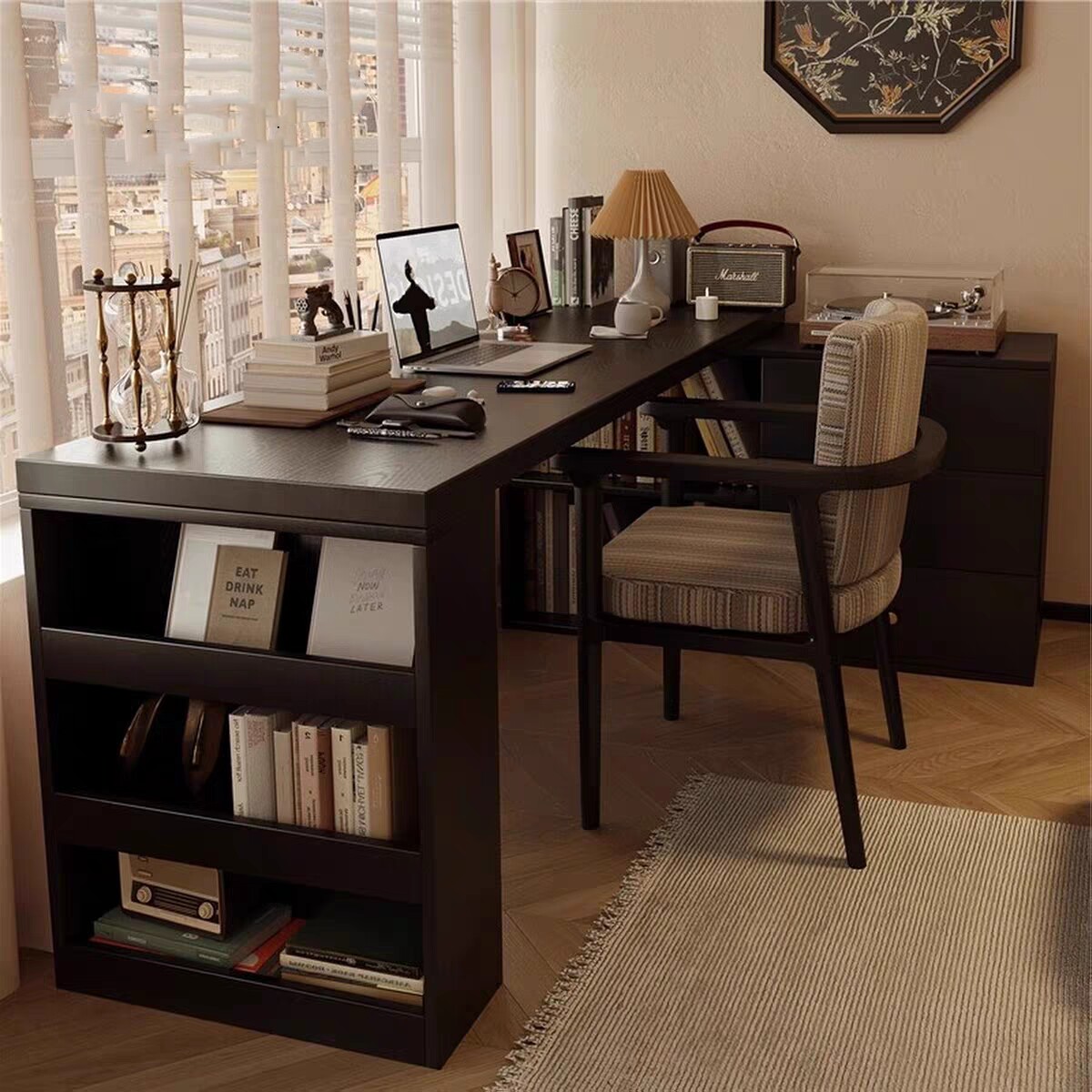 转角带书柜一体纯实木书桌家用卧室拐角L型电脑桌黑色靠墙办公桌