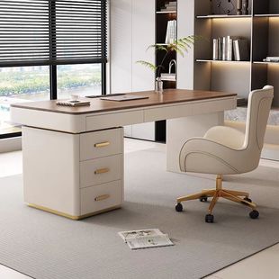 奶油风实木书桌轻奢现代简约高级感家用书房客厅电脑工作台办公桌